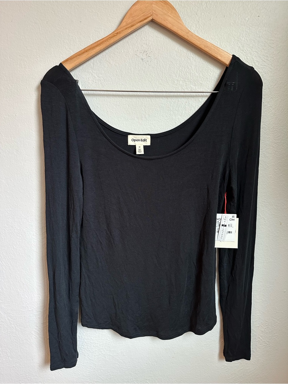 Open Edit NWT Black Semi Sheer Scoop Neck Long Sleeve Top M